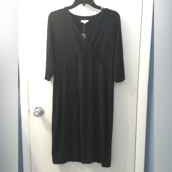 NWT J.Jill Black Surplice Dress Black MIDI 3/4 Sleeves Pullover Jersey Knit PS - Picture 1 of 11
